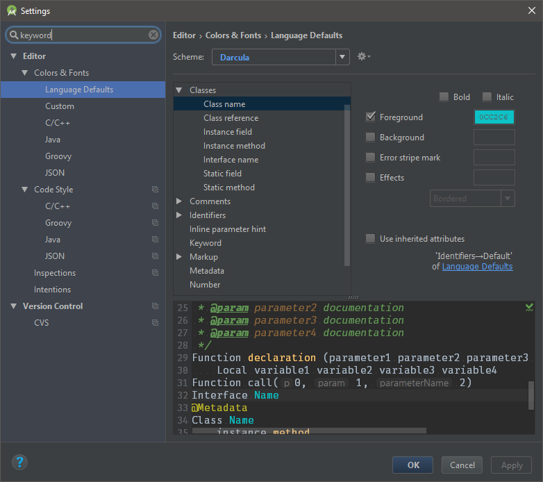 Parameters setting. Darcula default font. Game settings Square. Parameter # 3 games settings.